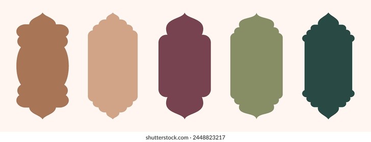 Shape Islamic door window silhouette Arabic arch. Collection of patterns in oriental style. Frames in Arabic Muslim design for Ramadan Kareem. Vector mosque gate shape isolated on white background.