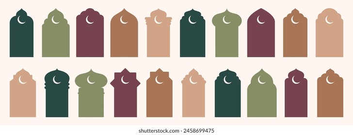 Shape Islamic door and window silhouette Arabic arch. Collection of patterns in oriental style. Frames in Arabian Muslim design for Ramadan Kareem. Vector mosque gate shape isolated on white