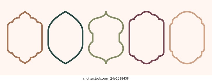 Shape Islamic door and window silhouette Arabic arch. Collection of patterns in oriental style. Frames in Arabic Muslim design for Ramadan Kareem. Vector mosque gate stroke isolated on white