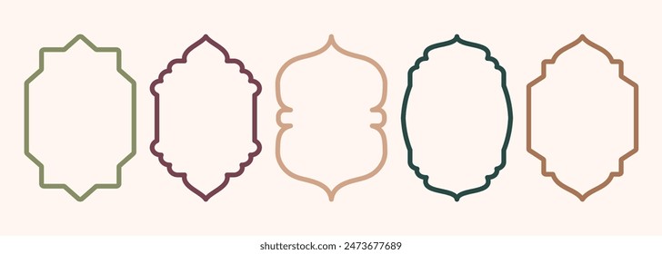 Forma puerta islámica y ventana silueta arco árabe. Colección de patrones en estilo oriental. Marcos en diseño árabe musulmán para Ramadan Kareem. Vector puerta de la mezquita trazo aislado en blanco