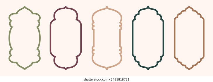 Forma puerta islámica y ventana silueta arco árabe. Colección de patrones en estilo oriental. Marcos en diseño árabe musulmán para Ramadan Kareem. Vector puerta de la mezquita trazo aislado en blanco