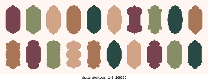 Forma puerta islámica y ventana silueta arco árabe. Colección de patrones en estilo oriental. Marcos en diseño árabe musulmán para Ramadan Kareem. Forma de puerta de mezquita de Vector aislada sobre fondo blanco