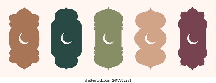 Shape Islamic door and window silhouette Arabic arch with crescent moon. Collection of patterns in oriental style. Frames in Arabic Muslim design for Ramadan Kareem. Vector mosque gate isolated on