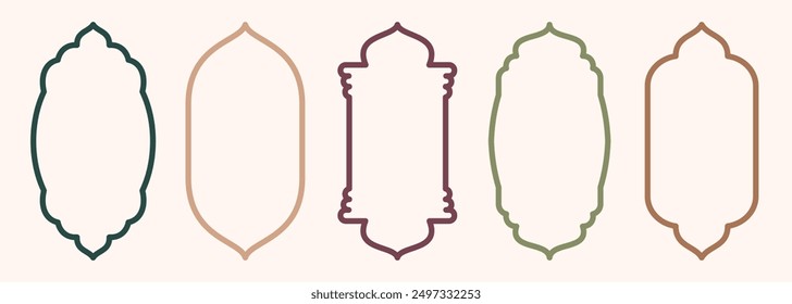 Shape Islamic door and window silhouette Arabic arch. Collection of patterns in oriental style. Frames in Arabic Muslim design for Ramadan Kareem. Vector mosque gate stroke isolated on white