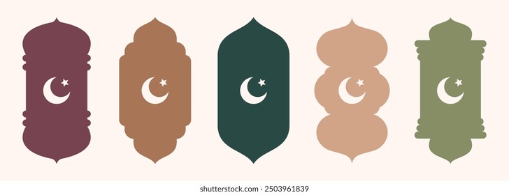 Shape Islamic door and window silhouette Arabic arch with crescent moon. Collection of patterns in oriental style. Frames in Arabic Muslim design for Ramadan Kareem. Vector mosque gate isolated on