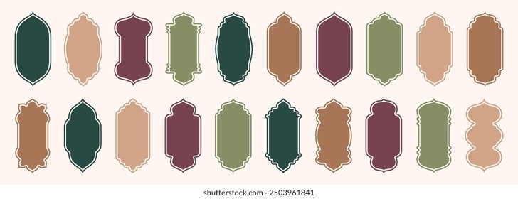 Forma puerta islámica y ventana silueta arco árabe. Colección de patrones en estilo oriental. Marcos en diseño árabe musulmán para Ramadan Kareem. Forma de la puerta de la mezquita del Vector aislada en blanco