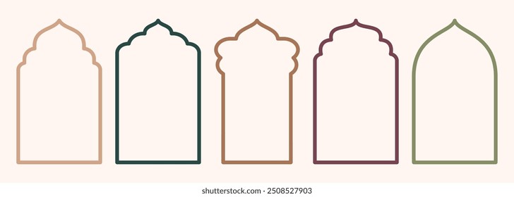 Forma puerta islámica y ventana silueta arco árabe. Colección de patrones en estilo oriental. Marcos en diseño árabe musulmán para Ramadan Kareem. Vector puerta de la mezquita golpe aislado en blanco