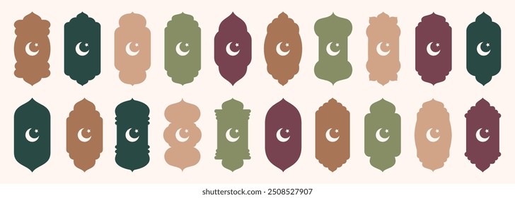 Forma porta islâmica e silhueta de janela arco árabe com lua crescente. Coleção de padrões em estilo oriental. Quadros em design árabe muçulmano para Ramadan Kareem. Vetor mesquita portão isolado em