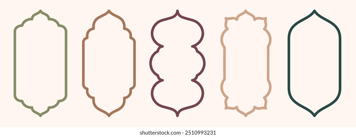 Shape Islamic door and window silhouette Arabic arch. Collection of patterns in oriental style. Frames in Arabic Muslim design for Ramadan Kareem. Vector mosque gate stroke isolated on white