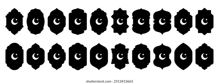 Shape Islamic door and window silhouette Arabic arch with crescent moon. Collection of patterns in oriental style. Frames in Arabic Muslim design for Ramadan Kareem. Vector mosque gate isolated on