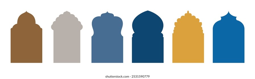Shape Islamic door and window silhouette Arabic arch. Vector mosque gate shape isolated on transparent. Collection of doors arch in oriental style. Frames in Arabian Muslim design for Ramadan Kareem