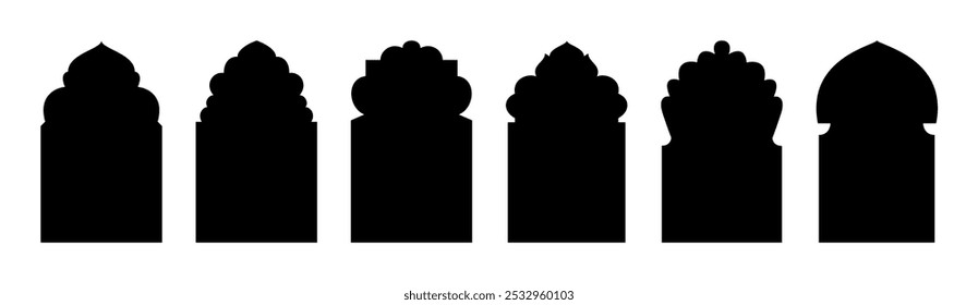 Form Islamische Tür und Fenster Silhouette arabischen Bogen. Vektor Moschee Tor Form einzeln auf transparentem. Sammlung von Mustern im orientalischen Stil. Rahmen im arabisch-muslimischen Design für Ramadan Kareem