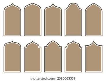 Shape Islamic door and window silhouette Arabic arch. Collection of patterns in oriental style. Frames in Arabian Muslim design for Ramadan Kareem. vector illustration.