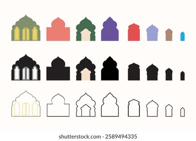 Shape Islamic door and window silhouette Arabic arch. collection of Islamic architectural design elements, including various sizes and colors of arched openings and decorative motifs.
