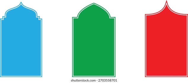 Forma porta islâmica e silhueta de janela arco árabe. Coleção de padrões em estilo oriental. Quadros em design árabe muçulmano para Ramadan Kareem. Forma de portão de mesquita vetorial isolado no branco.