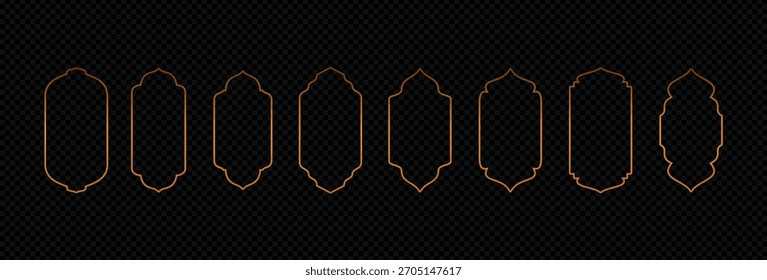 Forma porta islâmica e silhueta de janela arco árabe. Quadros em design árabe muçulmano para Ramadan Kareem.