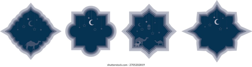 Forma porta islâmica e silhueta de janela arco árabe. Quadros em design árabe muçulmano para Ramadan Kareem. 
