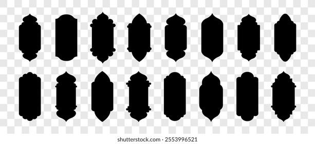 Shape Islamic Door and Windows. Set of black Muslim frames. Moroccan gates on transparent background. Vector illustration in oriental style.