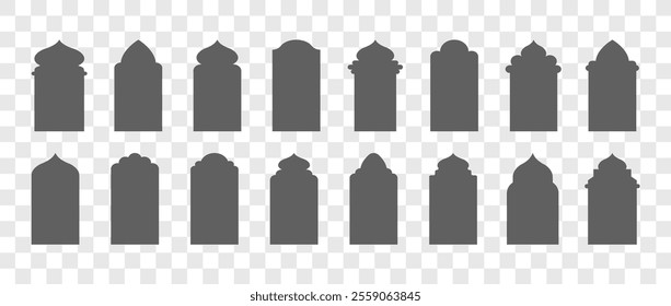 Shape Islamic Door and Windows. Set of black Muslim frames. Moroccan gates on transparent background. Vector illustration in oriental style.