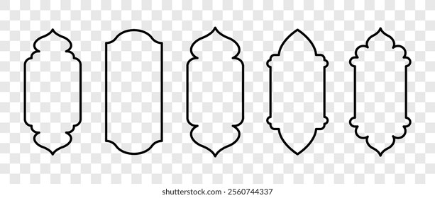 Shape Islamic Door and Windows. Set of black Muslim frames. Outline Moroccan gates on transparent background. Vector illustration in oriental style.