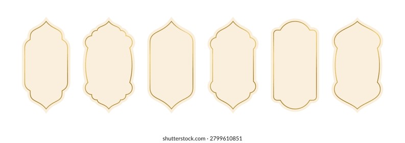 Shape of islamic frame, Ramadan border. Premium label with gold line, elegant beige frame for wedding decoration, card, badge. Fancy golden thin elements, muslim vertical design, vector illustration