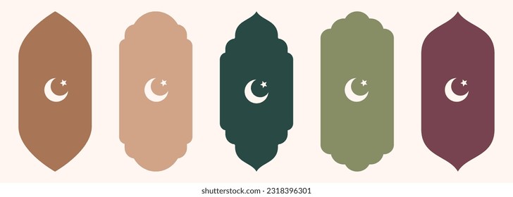 Shape Islamic window Hilal symbol silhouette Arabic arch. Collection of patterns in oriental style. Frames in Arabic Muslim design for Ramadan Kareem. Vector mosque gate shape isolated on white