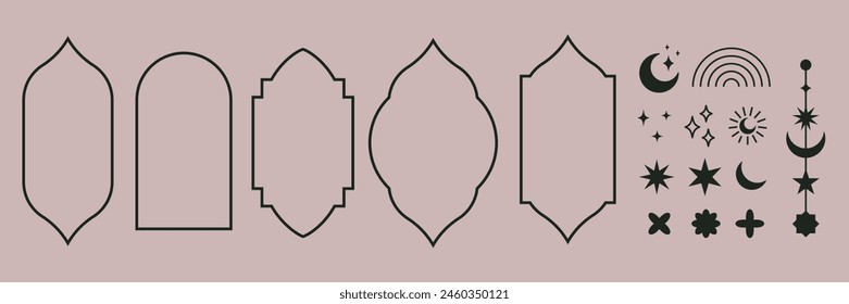 Shape islamic window set. Aesthetic linear frames, arches, stars, moon and elements. Modern boho design. Vector illustration