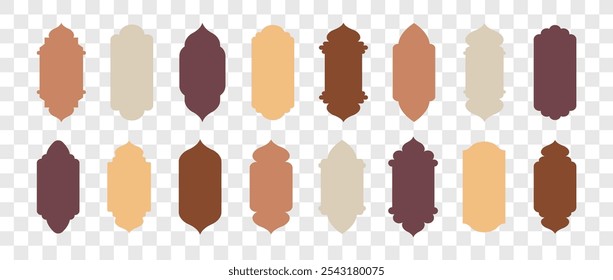 Shape Islamic Windows and arches. Set of Muslim frames in beige colors. Silhouettes of Arabic door. Traditional Vector illustration on transparent background.