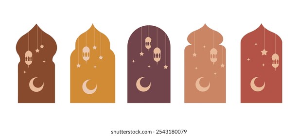 Forma ventanas y arcos islámicos. Conjunto de marcos musulmanes en colores beige. Siluetas de puerta árabe. Ilustración vectorial tradicional.