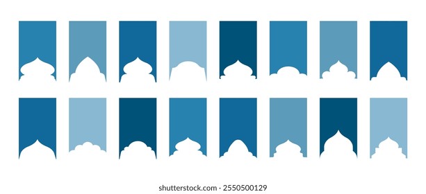 Shape Islamic Windows and arches. Set of Muslim frames in blue colors. Silhouettes of Arabic door. Traditional Vector illustration.