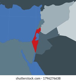 Shape of Israel in context of neighbor countries. Country highlighted with red color on world map. Israel map template. Vector illustration.