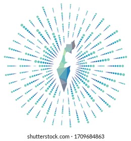 Forma de Israel, arrebato poligonal. Mapa del país con coloridos rayos de estrellas. Ilustración israelí en digital, tecnología, internet, estilo de red. Ilustración vectorial.