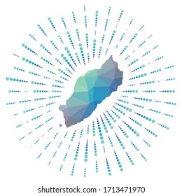 Forma de Itsukushima, explosión solar poligonal. Mapa de la isla con coloridos rayos de estrellas. Itsukushima ilustración en digital, tecnología, internet, estilo de red. Ilustración vectorial.