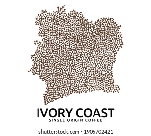 Shape of Ivory Coast map made of scattered coffee beans, country name below