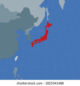 Shape of the Japan in context of neighbour countries. Country highlighted with red color on world map. Japan map template. Vector illustration.