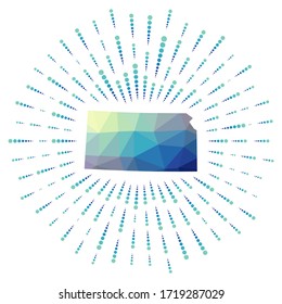 Forma de Kansas, arrebato poligonal. Mapa del estado de nosotros con coloridos rayos de estrellas. Ilustración de Kansas en digital, tecnología, internet, estilo de red. Ilustración vectorial.