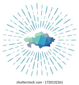 Shape of Kazakhstan, polygonal sunburst. Map of the country with colorful star rays. Kazakhstan illustration in digital, technology, internet, network style. Vector illustration.
