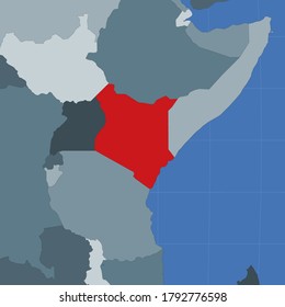 Shape of Kenya in context of neighbor countries. Country highlighted with red color on world map. Kenya map template. Vector illustration.