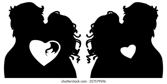 Shape of kissing couple in love in ink style.