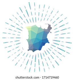 Shape of Ko Samui, polygonal sunburst. Map of the island with colorful star rays. Ko Samui illustration in digital, technology, internet, network style. Vector illustration.