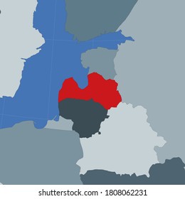Shape of Latvia in context of neighbor countries. Country highlighted with red color on world map. Latvia map template. Vector illustration.