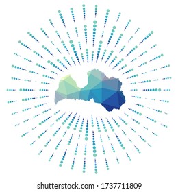 Shape of Latvia, polygonal sunburst. Map of the country with colorful star rays. Latvia illustration in digital, technology, internet, network style. Vector illustration.