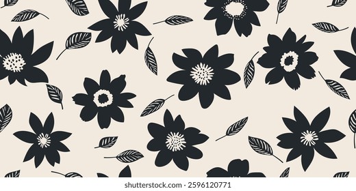 Shape leaf and flower organic seamless pattern. black floral leaves geometric on white background. retro