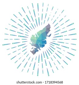 Shape of Lewis and Harris, polygonal sunburst. Map of the island with colorful star rays. Lewis and Harris illustration in digital, technology, internet, network style. Vector illustration.