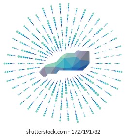 Shape of Little Stirrup Cay with a polygonal sunburst design. A map of the island featuring colorful star rays in a digital, technology-inspired style. Vector illustration.