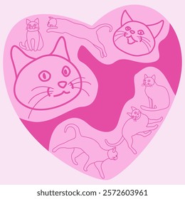 shape love with cat pattern, vector illustration, cute abstract style
