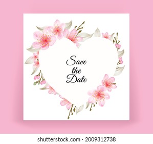 marco de amor de forma con hermosa flor de cerezo acuarela