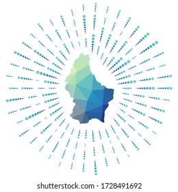 Forma de Luxemburgo, arrebato poligonal. Mapa del país con coloridos rayos de estrellas. Ilustración luxemburguesa en digital, tecnología, internet, estilo de red. Ilustración vectorial.