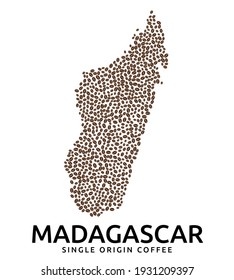 Shape of Madagascar map made of scattered coffee beans, country name below
