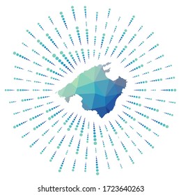 Shape of Majorca, polygonal sunburst. Map of the island with colorful star rays. Majorca illustration in digital, technology, internet, network style. Vector illustration.